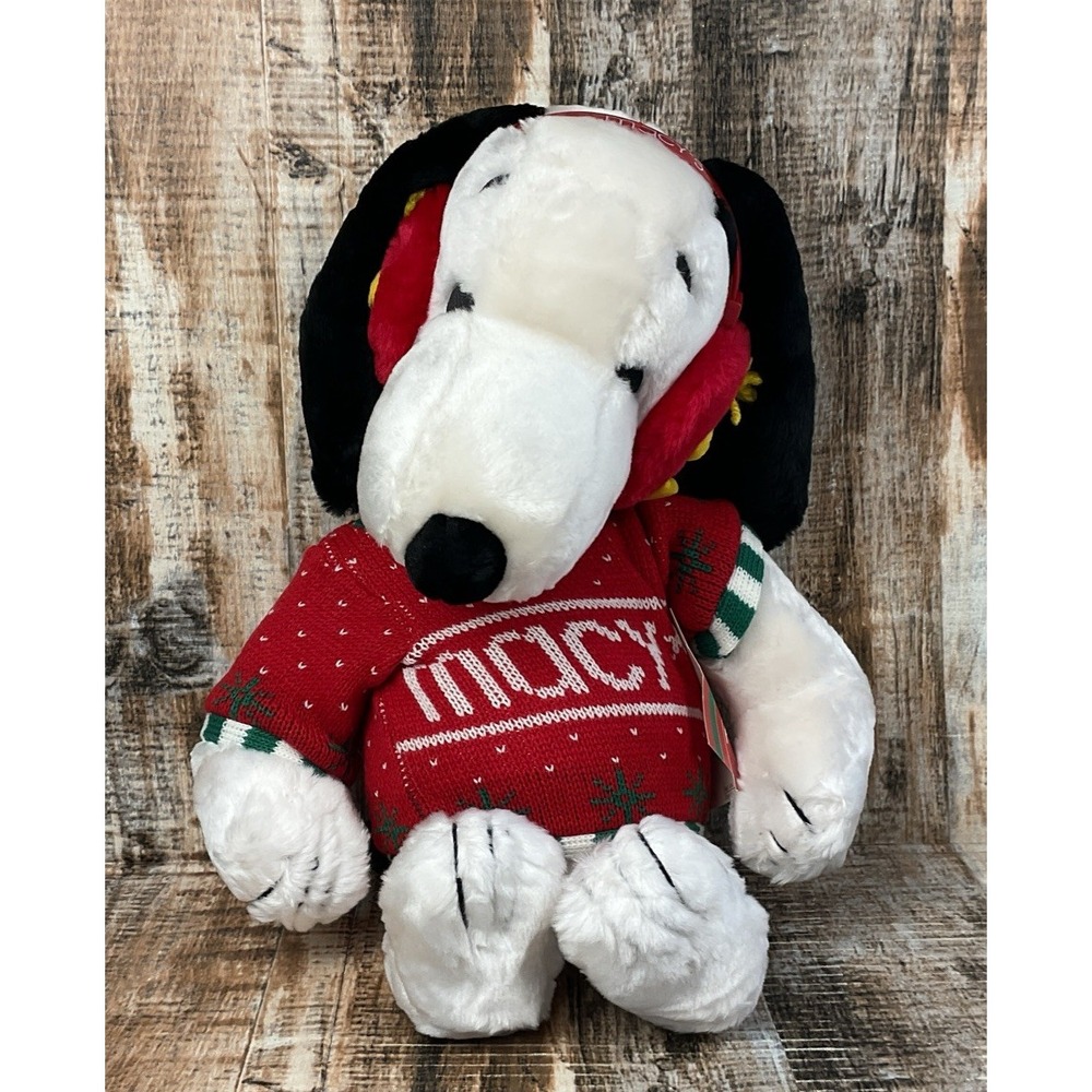 SNOOPY Peanuts Plush Macy's Christmas Sweater Woodstock Earmuffs Gift Tag 1972